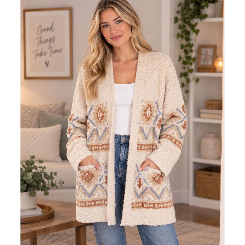 Magnolia Boutique Womens Size Small Cream Southwestern Open Front Cardigan Boho